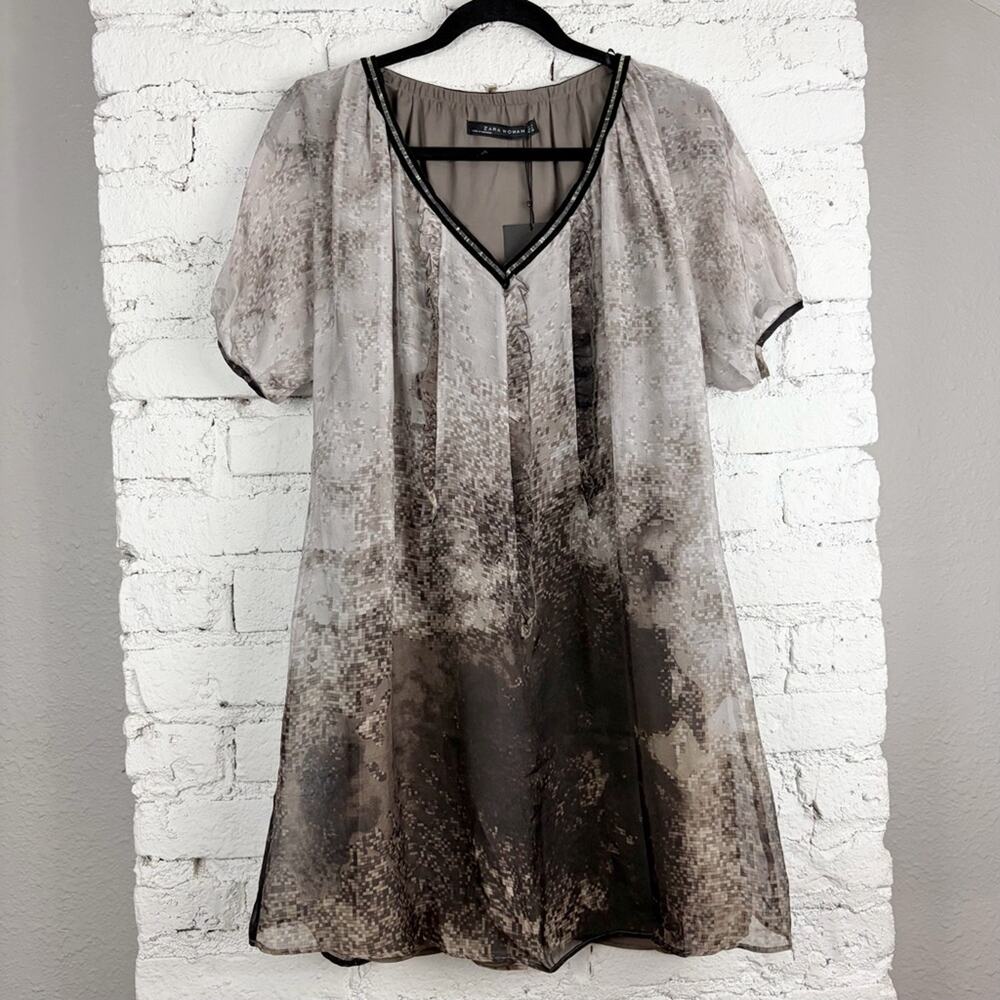 Zara Silk Grey Pixelated Tunic Puff Sleeve Babydoll Tunic Dress M New